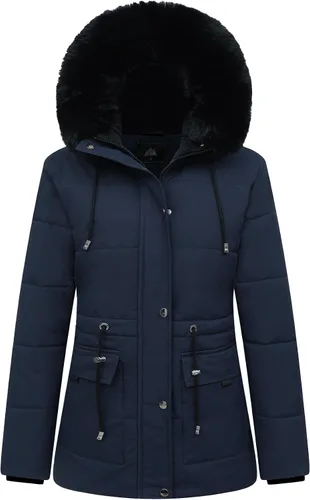 Vista 9 de MOERDENG Abrigo de plumas de invierno cálido para mujer, chaqueta de plumón con forro polar grueso, capucha desmontable de piel sintética, parka