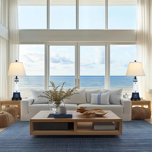 Vista 6 de WIHTU Juego de 2 lámparas de mesa modernas de faro, lámpara de mesa náutica blanca y azul marino, luces de lectura de resina de estilo náutico