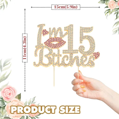 Vista 2 de ¡Soy el topper de pastel de cumpleaños número 15 divertido en oro y rosa con strass - ¡Feliz cumpleaños número 15, saludos a los quince años!