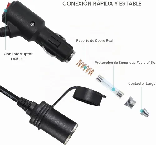 Vista 4 de Cable de extensión de encendedor de cigarrillos CC de 10 pies y 12 voltios con interruptor de encendido y apagado, cable de extensión de carga