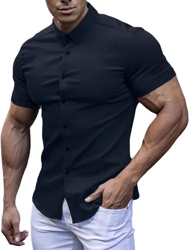 Vista 2 de Casual Men's Muscle Fit Dress Shirts Short Sleeve Athletic Fit Button Down Shirts