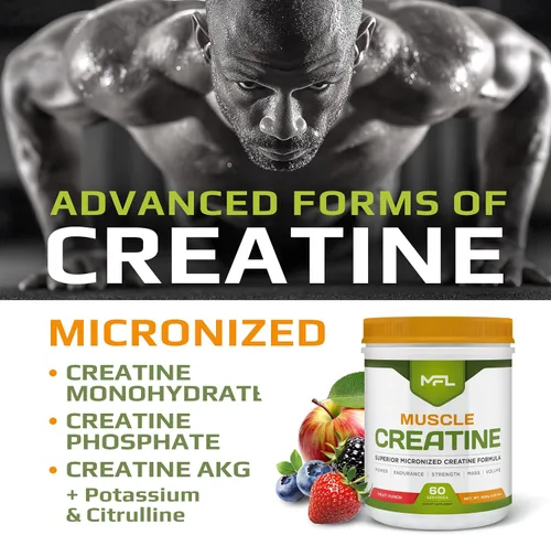 Vista 2 de MFL Muscle Creatina 3 formas de creatina micronizada 0.35 onzas 0 azúcar endulzado con stevia totalmente natural 60 porciones