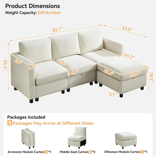 Vista 2 de WUTUTUEE Sofá seccional modular en forma de L de 83" con almacenamiento y otomano móvil, sofá convertible de 4 asientos reversible chaise de Beige
