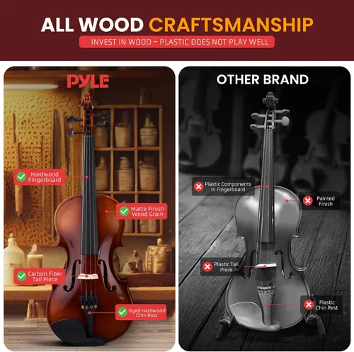 Vista 4 de Pyle Violín acústico de tamaño medio para principiantes – Juego completo de violines con estuche rígido, arco, cuerdas extra, colofonia, kit