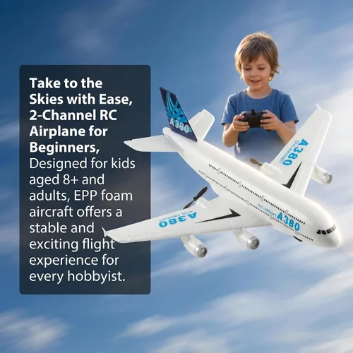Vista 2 de Avión RC con control remoto listo para volar 2.4 GHz, modelo Airbus A380, juguete de avión RC de 2 canales para principiantes para niños y adultos