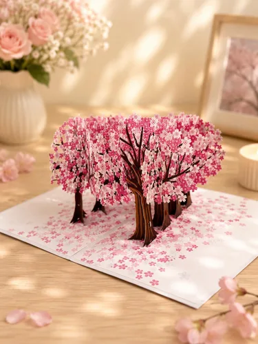 Vista 2 de ETA Tarjeta de felicitación de bosque de cerezos en flor 3D – Tarjeta Sakura hecha a mano para cumpleaños, aniversario, día de la madre y ocasiones