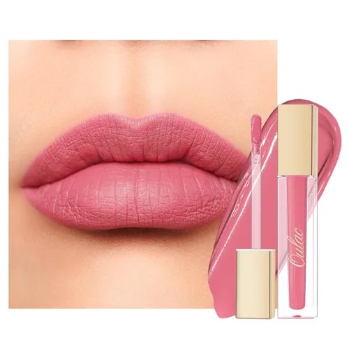 Vista 26 de Oulac Lápiz labial mate rosa para mujeres, lápiz labial líquido duradero de color rosa intenso, color de labios de alto impacto con cobertura total
