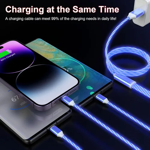 Vista 2 de Cable de carga con luz LED que fluye 3 en 1 Lightning/Type C/Micro USB brillante para automóvil para iPhone, cable de carga para automóvil azul