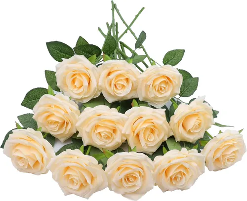 Vista 15 de LVEFIT 12 rosas artificiales de seda con tallo largo para bodas, despedidas de soltera, fiestas, decoración del hogar Blush