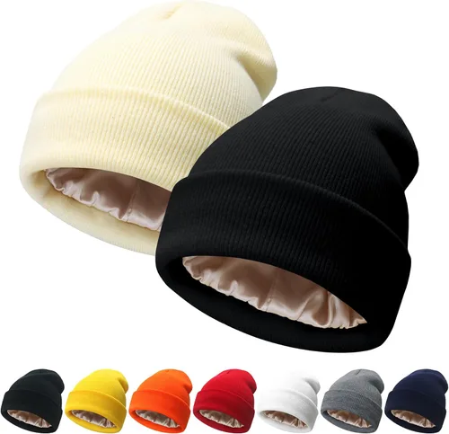 Vista 30 de NPQQUAN 2 PCS Satin Lined Beanie for Women Silk Lined Beanies Winter Warm Soft Lining Cuffed Knit Beanie Hats for Women