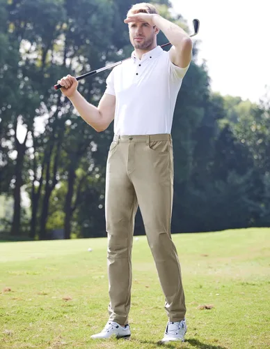 Vista 6 de PULI Pantalones de golf para hombre, vestido elástico, de secado rápido, pantalones casuales de negocios con bolsillos para trabajo y viajes