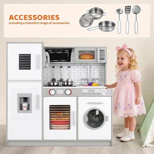 Vista 3 de Arlopu Juego de cocina para niños, juego de juguetes de madera con diseño realista, sonidos de luces, ollas y utensilios para niños y niñas a partir
