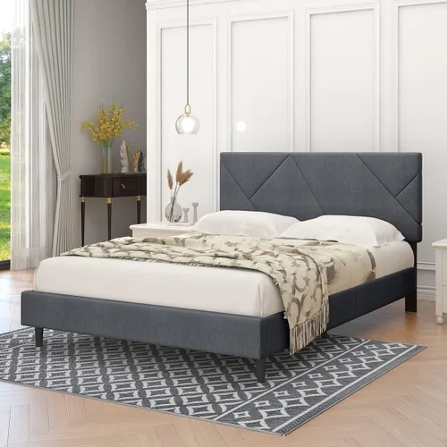 Vista 2 de Moderna base de cama tapizada de lino con cabecera capitoné, soporte de listones de madera, base de colchón, no necesita somier, marco de cama