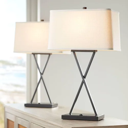 Vista 9 de Franklin Iron Works Megan - Juego de 2 lámparas de mesa modernas de 26.5 pulgadas de alto, con puerto de carga USB, LED, bronce, rectangular