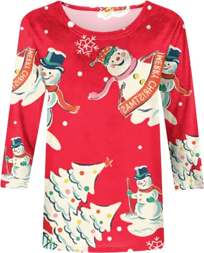 Vista 5 de Camisas de Feliz Navidad para mujer, manga 34, cuello redondo, divertidas camisetas gráficas de Santa Navidad, camisetas brillantes para las fiestas
