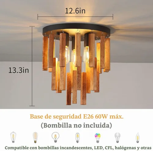 Vista 2 de Lámparas de techo semiempotradas de 3 luces, lámpara de madera bohemia, lámpara de techo de roble y negro con E26 para cocina, sala de estar