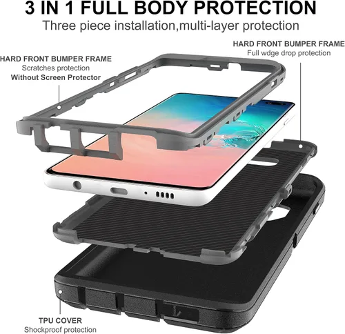 Vista 4 de Funda para Galaxy S10 Plus - Protección resistente 3 en 1 con 2 protectores de pantalla de TPU (negro/gris)