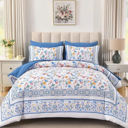 Vista 16 de Dobuyly Juego de edredón floral tamaño Queen, 7 piezas de cama en una bolsa, tamaño Queen, juego de ropa de cama botánico de flores aguamarina sobre