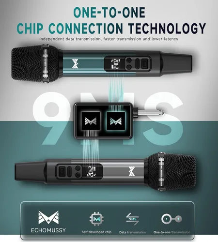 Vista 2 de Micrófono inalámbrico, micrófonos inalámbricos dinámicos de metal con conexión de chip uno a uno y receptor recargable, duración de 40 horas