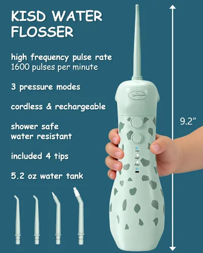 Vista 5 de Irrigador dental eléctrico para niños de 6 a 12 años, irrigador oral para niños con 3 modos suaves y 2 modos sónicos, kit dental compatible