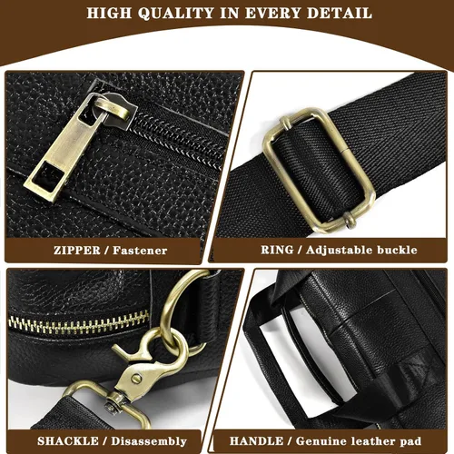Vista 5 de Maletín de cuero genuino para hombres, bolso de hombro para computadora portátil con correa, bolso de trabajo de viaje de negocios de 15.6 pulgadas