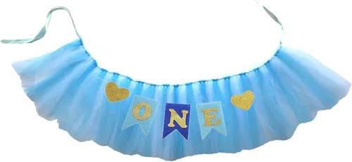 Vista 2 de Decoración de tutú azul para el primer cumpleaños de niño y un banderín para silla alta