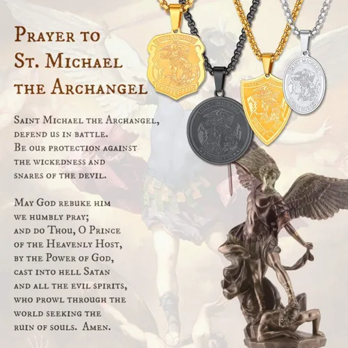 Vista 4 de U7 St. Michael Necklaces, Men Women Stainless Steel 18K Gold Plated Biblical Archangel Jewelry Patron Saint Michael Necklaces RoundOvalShield Medal