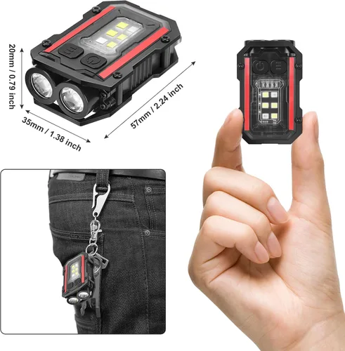 Vista 6 de SUNPRO Llavero Mini linterna con clip, luz de bolsillo de 8 modos, luz lateral COB roja y azul, recargable tipo C para senderismo, camping