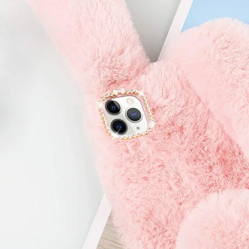 Vista 3 de Funda de piel de conejo para iPhone 13 Pro Max con diamantes de lujo, suave, cálida, esponjosa, de invierno, hecha a mano, de felpa de conejo