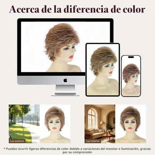 Vista 6 de SEVENCOLORS - Pelucas cortas onduladas de color marrón para mujeres blancas, peluca de cabello sintético con capas de rubio mezclado natural y rubio