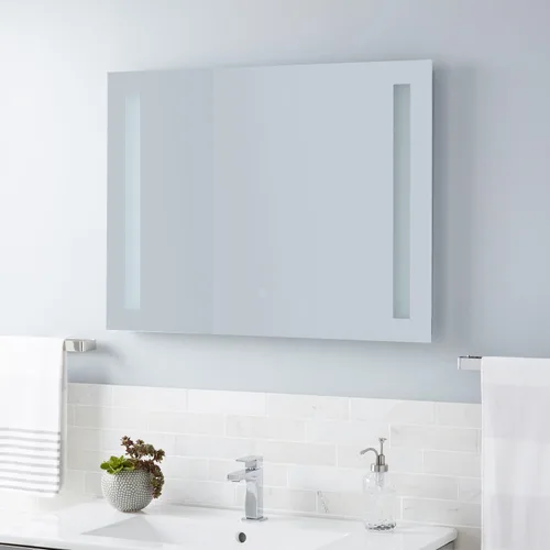 Vista 6 de Signature Hardware 442982 Curie Espejo de baño rectangular con luz LED sin marco de 32 pulgadas de ancho x 24 pulgadas de alto, sensor de movimiento