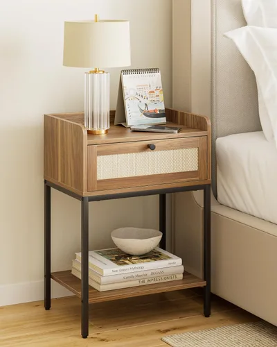 Vista 9 de Mesita de noche, mesita de noche moderna de 3 niveles, mesita de noche con cajón de almacenamiento y estante, mesa auxiliar pequeña para dormitorio