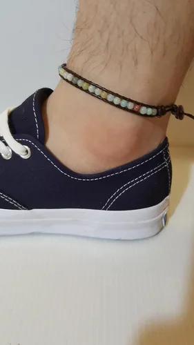 Vista 5 de Infinityee888 - Tobillera con cuentas de amazonita de 10 pulgadas, tejida con cordón de cuero, hecha a mano, estilo hippie, bohemio, unisex, idea