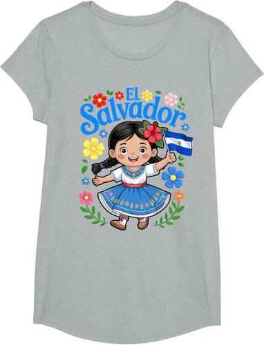 Vista 40 de Camiseta de estilo tradicional floral para niña con la bandera de El Salvador