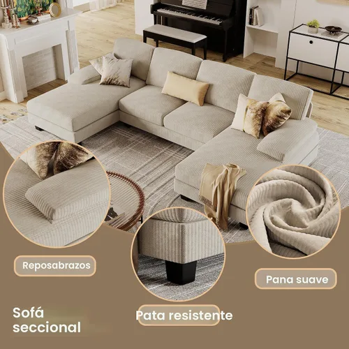 Vista 5 de Furmax - Sofás seccionales para sala de estar, sofá en forma de U con tela de lino, juego de sofá de 4 plazas con doble chaise para apartamento Beige