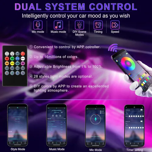 Vista 4 de LivTee Luces inteligentes para interiores de automóvil, luces LED RGB con control de aplicación, modo de música y bricolaje, diseño de 2 líneas