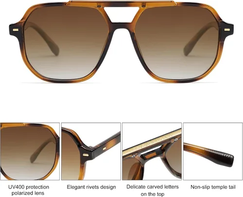 Vista 4 de SOJOS Gafas de sol polarizadas estilo aviador retro de moda para hombres y mujeres, estilo vintage de los años 70, marco cuadrado elegante SJ2283