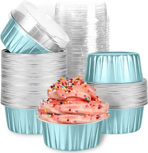 Vista 12 de Mini tazas de papel de aluminio para hornear cupcakes con tapas (40 piezas, 5 oz), forros redondos de papel de aluminio para cupcakes, moldes