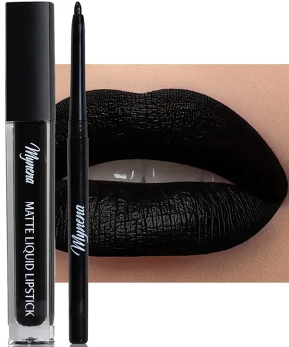 Vista 7 de Mynena Combo de lápiz labial negro azabache de larga duración con delineador de labios Resistente al agua y a prueba de transferencia, cómodo e