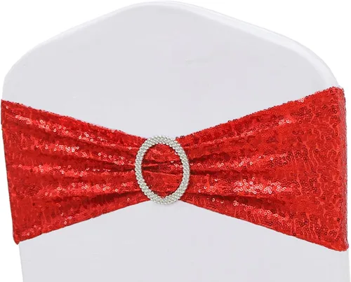 Vista 11 de Bandas de silla doradas totalmente cubiertas de lentejuelas brillantes para bodas, bandas de silla con purpurina brillante y lazos para decoraciones