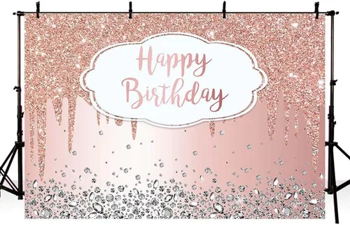 Vista 3 de Telón de fondo de 7 x 5 pies para cumpleaños con purpurina que gotea, diamantes de cristal, rosa dorado, para fotografía, decoración para fiesta