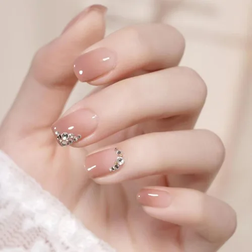 Vista 26 de Uñas Postizas Cuadradas Cortas con Diseños de Lazo 3D, Uñas Postizas de Leopardo con Punta Francesa, Uñas Adhesivas Brillantes, Uñas Acrílicas Nude