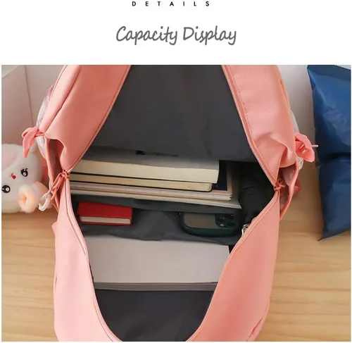 Vista 8 de HCOOLE Mochila Kawaii de 5 piezas con bonitos colgantes de felpa e insignia, mochila escolar de alta capacidad de 19 galones, bonita mochila