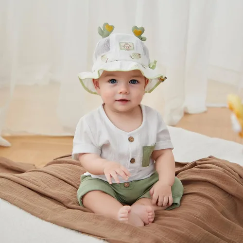 Vista 27 de Conjunto de ropa casual de manga corta con botones y pantalones cortos de lino para bebés y niños pequeños