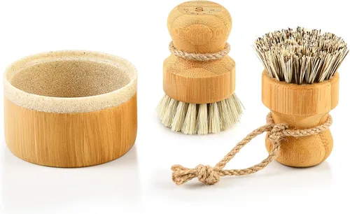 Vista 11 de SUBEKYU - Juego de cepillos de bambú para platos de cocina, juego de estropajos de limpieza de madera para lavar sartenes/ollas de hierro fundido