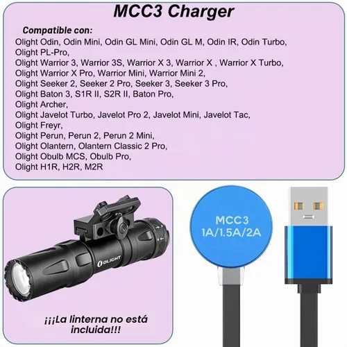 Vista 2 de Kissmart Cargador MCC 3 para Olight Odin/Odin Mini/PL-Pro/Baton3/Warrior Mini2/Perun 2/Seeker 3 Pro/Warrior 3s/Baldr Pro R Cable de carga USB