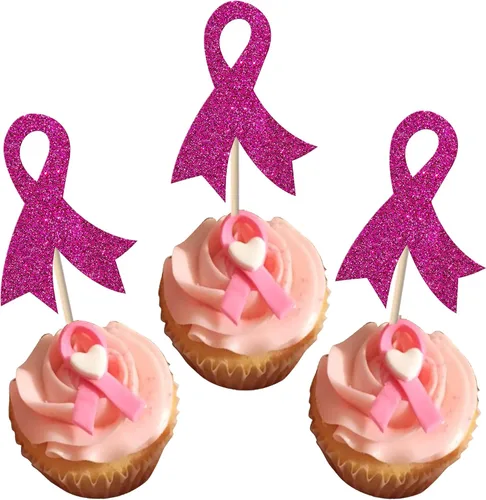 Vista 12 de Rsstarxi Paquete de 24 adornos para cupcakes con purpurina para concientización sobre el cáncer de mama, cinta rosa con purpurina para lucha contra