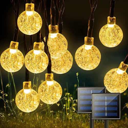 Vista 12 de Guirnalda de luces solares para exteriores, 100 luces LED de 40 pies de globo de cristal multicolor con 8 modos de iluminación, luces solares