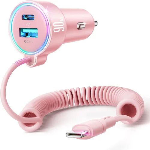 Vista 8 de Cargador de Coche USB C 90W para iPhone 17/16 Pro Max, PD & QC3.0 con Cable Enrollado de 45W de 5 pies, Adaptador de Carga Rápida para Coche