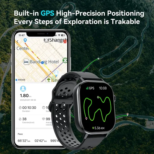 Vista 2 de Reloj inteligente para hombre, GPS, 2.06 pulgadas, HD, AMOLED, militar, multideporte, rastreador de fitness con llamada Bluetooth, brújula Negro